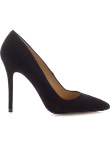French 75 Suede Stilettos - predominant colour: black; secondary colour: black; occasions: evening, work, occasion; material: suede; heel: stiletto; toe: pointed toe; style: courts; finish: plain; pattern: plain; heel height: very high
