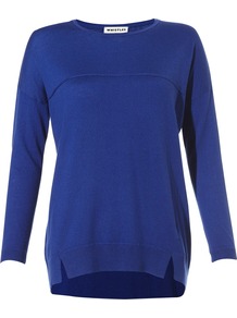 Claudine Drape Pocket Jumper - length: below the bottom; style: standard; predominant colour: royal blue; occasions: casual, work; fibres: wool - mix; fit: loose; neckline: crew; back detail: longer hem at back than at front; sleeve length: long sleeve; sleeve style: standard; texture group: knits/crochet; pattern type: knitted - fine stitch