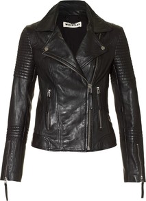 Dakota Leather Jacket - pattern: plain; style: biker; collar: asymmetric biker; fit: slim fit; predominant colour: black; occasions: casual, evening, work; length: standard; fibres: leather - 100%; waist detail: fitted waist; sleeve length: long sleeve; sleeve style: standard; texture group: leather; collar break: medium; pattern type: fabric; pattern size: standard