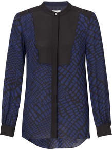 Croc Printed Shirt - neckline: high neck; style: blouse; shoulder detail: contrast pattern/fabric at shoulder; predominant colour: navy; occasions: casual, evening, work; length: standard; fibres: silk - 100%; fit: straight cut; bust detail: contrast pattern/fabric/detail at bust; back detail: longer hem at back than at front; sleeve length: long sleeve; sleeve style: standard; texture group: sheer fabrics/chiffon/organza etc.; trends: modern geometrics; pattern type: fabric; pattern size: standard; pattern: animal print, patterned/print