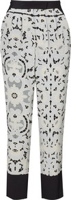 Broderie Print Trousers - length: standard; style: peg leg; waist: mid/regular rise; secondary colour: white; predominant colour: navy; occasions: casual, evening, occasion; fibres: silk - 100%; texture group: silky - light; trends: high impact florals; fit: tapered; pattern type: fabric; pattern size: big & busy; pattern: patterned/print