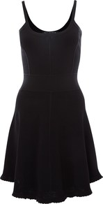 Dani Crepe Flared Dress - length: mid thigh; sleeve style: spaghetti straps; pattern: plain; predominant colour: black; occasions: evening; fit: fitted at waist & bust; style: fit & flare; neckline: scoop; fibres: viscose/rayon - stretch; hip detail: soft pleats at hip/draping at hip/flared at hip; sleeve length: sleeveless; pattern type: fabric; texture group: jersey - stretchy/drapey