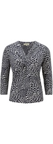 Indigo/Ivory Rope Print Jersey Top - neckline: v-neck; style: t-shirt; bust detail: knot twist front detail at bust; predominant colour: charcoal; secondary colour: mid grey; occasions: casual, evening, work; length: standard; fibres: viscose/rayon - stretch; fit: body skimming; sleeve length: 3/4 length; sleeve style: standard; pattern type: fabric; pattern size: standard; pattern: patterned/print; texture group: jersey - stretchy/drapey