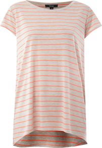Neon Stripe Tee, Pink - neckline: round neck; sleeve style: capped; pattern: horizontal stripes; style: t-shirt; secondary colour: coral; predominant colour: light grey; occasions: casual, holiday; length: standard; fit: loose; back detail: longer hem at back than at front; sleeve length: short sleeve; pattern type: fabric; pattern size: standard; texture group: jersey - stretchy/drapey; fibres: viscose/rayon - mix