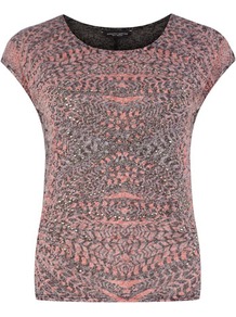 Black Burnout Feather Tee - neckline: round neck; sleeve style: capped; style: t-shirt; occasions: casual; length: standard; fibres: polyester/polyamide - mix; fit: body skimming; sleeve length: short sleeve; pattern type: fabric; pattern size: standard; pattern: patterned/print; texture group: jersey - stretchy/drapey; predominant colour: dusky pink