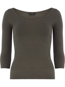 Khaki 3/4 Stretch Scoop - pattern: plain; predominant colour: khaki; occasions: casual, work; length: standard; style: top; neckline: scoop; fibres: cotton - stretch; fit: body skimming; sleeve length: 3/4 length; sleeve style: standard; texture group: jersey - clingy; pattern type: fabric