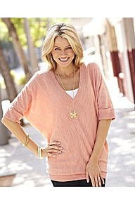 Knitted Deep V Tunic - neckline: low v-neck; sleeve style: dolman/batwing; pattern: plain; length: below the bottom; style: tunic; waist detail: twist front waist detail/nipped in at waist on one side/soft pleats/draping/ruching/gathering waist detail; hip detail: fitted at hip; predominant colour: pink; occasions: casual, evening, work, holiday; fibres: acrylic - 100%; fit: loose; shoulder detail: flat/draping pleats/ruching/gathering at shoulder; sleeve length: half sleeve; texture group: knits/crochet; pattern type: knitted - fine stitch