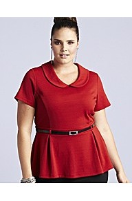 Belted Peplum Top - pattern: plain; waist detail: peplum waist detail; predominant colour: true red; occasions: casual, evening, work; length: standard; style: top; fibres: polyester/polyamide - stretch; fit: tailored/fitted; neckline: no opening/shirt collar/peter pan; sleeve length: short sleeve; sleeve style: standard; pattern type: fabric; texture group: jersey - stretchy/drapey
