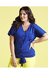 Print Tie Hem Jersey Top - neckline: v-neck; style: blouse; pattern: polka dot; waist detail: belted waist/tie at waist/drawstring; secondary colour: white; predominant colour: royal blue; occasions: casual, holiday; length: standard; fibres: polyester/polyamide - 100%; fit: straight cut; sleeve length: short sleeve; sleeve style: standard; pattern type: fabric; pattern size: standard; texture group: jersey - stretchy/drapey