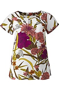 Print Keyhole Blouse Longer Length 27in - style: t-shirt; predominant colour: magenta; secondary colour: lime; occasions: casual, evening, work, holiday; length: standard; fibres: polyester/polyamide - 100%; fit: straight cut; neckline: crew; sleeve length: short sleeve; sleeve style: standard; texture group: crepes; trends: high impact florals, statement prints; pattern type: fabric; pattern size: big & busy; pattern: florals