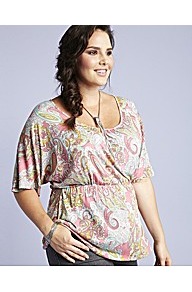 Elasticated Waist Jersey Print Top - sleeve style: dolman/batwing; style: t-shirt; secondary colour: white; occasions: casual, holiday; length: standard; neckline: scoop; fibres: viscose/rayon - 100%; fit: loose; predominant colour: multicoloured; sleeve length: short sleeve; pattern type: fabric; pattern size: light/subtle; pattern: patterned/print; texture group: jersey - stretchy/drapey
