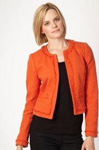 Orange Tweed Boxy Jacket - pattern: plain; collar: round collar/collarless; style: boxy; predominant colour: bright orange; occasions: casual, work; length: standard; fit: straight cut (boxy); fibres: cotton - mix; sleeve length: long sleeve; sleeve style: standard; texture group: cotton feel fabrics; collar break: high; pattern type: fabric