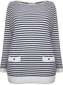 Stripe Jumper - neckline: slash/boat neckline; pattern: horizontal stripes, striped; length: below the bottom; style: standard; predominant colour: white; occasions: casual, work; fibres: cotton - mix; fit: loose; hip detail: added detail/embellishment at hip; sleeve length: long sleeve; sleeve style: standard; texture group: knits/crochet; trends: striking stripes; pattern type: knitted - fine stitch; pattern size: standard