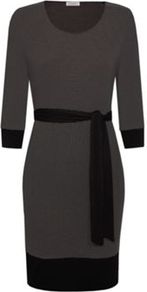 Striped Jersey Dress - neckline: round neck; style: bodycon; waist detail: fitted waist, belted waist/tie at waist/drawstring; predominant colour: charcoal; occasions: casual, evening, work; length: just above the knee; fit: body skimming; fibres: polyester/polyamide - stretch; hip detail: contrast fabric/print detail at hip; sleeve length: 3/4 length; sleeve style: standard; texture group: jersey - clingy; pattern type: fabric; pattern size: big & light; pattern: colourblock