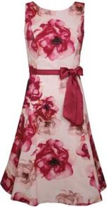 Peony Prom Dress - neckline: round neck; fit: fitted at waist; sleeve style: sleeveless; style: prom dress; waist detail: fitted waist, belted waist/tie at waist/drawstring; back detail: low cut/open back; predominant colour: true red; occasions: evening, occasion; length: just above the knee; fibres: cotton - mix; hip detail: structured pleats at hip, sculpting darts/pleats/seams at hip; sleeve length: sleeveless; texture group: crepes; trends: high impact florals; pattern type: fabric; pattern size: big & busy; pattern: florals, patterned/print