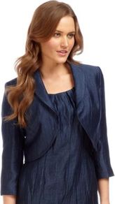 Midnight Crinkle Bolero - pattern: plain; style: bolero/shrug; collar: shawl/waterfall; length: cropped; predominant colour: navy; occasions: evening, occasion; fit: tailored/fitted; fibres: linen - mix; sleeve length: 3/4 length; sleeve style: standard; texture group: structured shiny - satin/tafetta/silk etc.; trends: glamorous day shifts; collar break: low/open; pattern type: fabric; pattern size: small & light