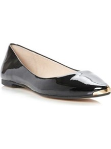 Black Synthetic Patent Mardi Metal Trim Pointed Toe Flat - predominant colour: black; occasions: casual, evening, work; material: faux leather; heel height: flat; toe: pointed toe; style: ballerinas / pumps; finish: patent; pattern: plain; embellishment: chain/metal, toe cap