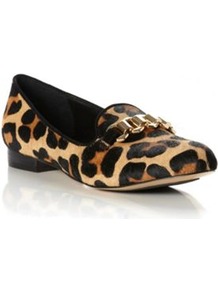 Leopard Pony Loola Slipper Cut Metal Chain Trim Loafer - predominant colour: tan; occasions: casual, work; material: animal skin; heel height: flat; embellishment: snaffles, chain/metal; toe: pointed toe; style: loafers; finish: plain; pattern: animal print