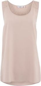 Shell Pink Lace Back Vest - pattern: plain; sleeve style: sleeveless; style: vest top; back detail: racer back/sports back, longer hem at back than at front; predominant colour: blush; occasions: casual, evening, work; length: standard; fibres: polyester/polyamide - 100%; fit: body skimming; neckline: crew; shoulder detail: added shoulder detail; sleeve length: sleeveless; texture group: lace; pattern type: fabric