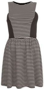 Black Stripe Panel Skater Dress - length: mid thigh; neckline: round neck; pattern: horizontal stripes, pinstripe; sleeve style: sleeveless; waist detail: fitted waist, twist front waist detail/nipped in at waist on one side/soft pleats/draping/ruching/gathering waist detail; predominant colour: black; occasions: evening; fit: fitted at waist & bust; style: fit & flare; fibres: polyester/polyamide - stretch; hip detail: soft pleats at hip/draping at hip/flared at hip; sleeve length: sleeveless; pattern type: fabric; pattern size: small & busy; texture group: jersey - stretchy/drapey