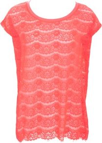 Pink Lace Oversize Top - neckline: round neck; sleeve style: capped; pattern: plain, patterned/print; style: t-shirt; predominant colour: coral; occasions: casual, evening; length: standard; fibres: polyester/polyamide - 100%; fit: body skimming; sleeve length: short sleeve; texture group: lace; trends: fluorescent; pattern type: fabric; pattern size: standard