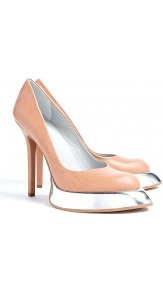 Almond Metallic Sweeper Sole Stiletto Pumps Camilla Skovg - predominant colour: nude; occasions: evening, work, occasion; material: leather; heel height: high; heel: platform; toe: pointed toe; style: courts; trends: metallics; finish: patent; pattern: plain, two-tone
