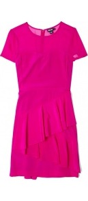 Short Sleeve Ruffle Hem Silk Dress - style: shift; length: mid thigh; neckline: round neck; pattern: plain; shoulder detail: contrast pattern/fabric at shoulder; back detail: contrast pattern/fabric at back; predominant colour: hot pink; occasions: evening, occasion; fit: body skimming; hip detail: soft pleats at hip/draping at hip/flared at hip; sleeve length: short sleeve; sleeve style: standard; texture group: crepes; trends: fluorescent; pattern type: fabric; fibres: silk - stretch