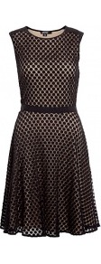 Stretch Polka Dot Sleeveless Dress - neckline: round neck; sleeve style: sleeveless; waist detail: fitted waist, narrow waistband; pattern: polka dot; predominant colour: black; occasions: evening, occasion; length: just above the knee; fit: fitted at waist & bust; style: fit & flare; fibres: cotton - mix; hip detail: soft pleats at hip/draping at hip/flared at hip; sleeve length: sleeveless; pattern type: fabric; pattern size: small & busy; texture group: net/tulle