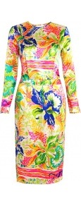 Adiba Silk Long Sleeve Dress - style: shift; length: below the knee; fit: tailored/fitted; waist detail: fitted waist; secondary colour: royal blue; predominant colour: yellow; occasions: evening, occasion; fibres: silk - 100%; neckline: crew; back detail: keyhole/peephole detail at back; sleeve length: long sleeve; sleeve style: standard; texture group: silky - light; trends: high impact florals; pattern type: fabric; pattern size: big & busy; pattern: florals