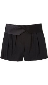 Tuxedo Pleat Front Short - pattern: plain; style: shorts; waist detail: fitted waist, wide waistband/cummerbund; waist: high rise; pocket detail: pockets at the sides; length: mid thigh shorts; predominant colour: black; occasions: evening, work; fibres: wool - stretch; hip detail: front pleats at hip level; texture group: crepes; fit: straight leg; pattern type: fabric