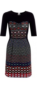 Chevron Illusion Knit Dress - style: shift; length: mid thigh; waist detail: fitted waist; secondary colour: true red; predominant colour: black; occasions: casual, evening, work; fit: body skimming; fibres: cotton - mix; neckline: crew; sleeve length: half sleeve; sleeve style: standard; trends: glamorous day shifts; pattern type: fabric; pattern size: standard; pattern: patterned/print; texture group: jersey - stretchy/drapey
