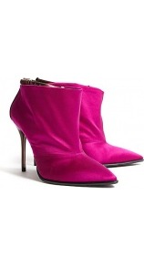 Sloane Raspberry Antique Satin Shoe Boots - predominant colour: hot pink; occasions: casual, evening, work, occasion; material: satin; heel height: high; embellishment: buckles; heel: stiletto; toe: pointed toe; boot length: ankle boot; style: standard; trends: fluorescent, metallics; finish: plain; pattern: plain, two-tone