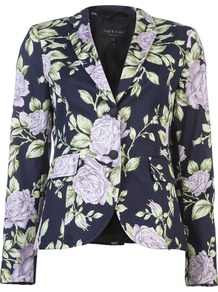 Bailey Jacket - style: single breasted blazer; collar: standard lapel/rever collar; predominant colour: navy; occasions: casual, evening, work, occasion; length: standard; fit: tailored/fitted; fibres: cotton - stretch; waist detail: fitted waist; sleeve length: long sleeve; sleeve style: standard; texture group: cotton feel fabrics; trends: high impact florals; collar break: medium; pattern type: fabric; pattern size: standard; pattern: florals