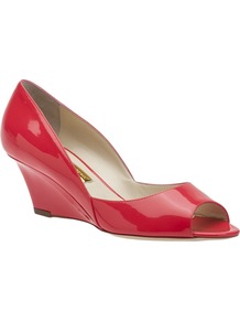 Peep Toe Wedge - predominant colour: true red; occasions: casual, evening, work; material: leather; heel height: mid; heel: wedge; toe: open toe/peeptoe; style: courts; finish: patent; pattern: plain