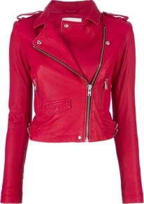 'Ashville' Jacket - pattern: plain; style: biker; shoulder detail: obvious epaulette; collar: asymmetric biker; length: cropped; fit: slim fit; predominant colour: hot pink; occasions: casual, evening; fibres: leather - 100%; waist detail: fitted waist; sleeve length: long sleeve; sleeve style: standard; texture group: leather; collar break: high; pattern type: fabric