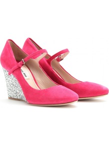 Suede Mary Jane Wedges - predominant colour: hot pink; occasions: evening, work; material: suede; heel height: high; embellishment: buckles, glitter; ankle detail: ankle strap; heel: wedge; toe: round toe; style: mary janes; finish: plain; pattern: plain
