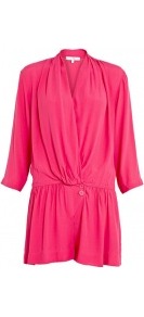 Beka Silk Crepe Playsuit - neckline: low v-neck; fit: loose; pattern: plain; waist detail: elasticated waist, fitted waist; bust detail: ruching/gathering/draping/layers/pintuck pleats at bust; length: short shorts; predominant colour: hot pink; occasions: casual, evening; fibres: polyester/polyamide - 100%; sleeve length: 3/4 length; sleeve style: standard; texture group: crepes; style: playsuit; pattern type: fabric
