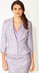Lilac Chiffon & Tweed Mix Talia Jacket - style: single breasted blazer; collar: shawl/waterfall; pattern: herringbone/tweed; secondary colour: ivory; predominant colour: lilac; occasions: casual, occasion; length: standard; fit: tailored/fitted; fibres: cotton - mix; sleeve length: 3/4 length; sleeve style: standard; collar break: medium; pattern type: fabric; pattern size: standard; texture group: tweed - bulky/heavy