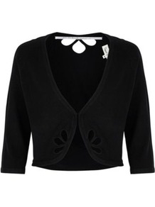 Black Knitted Scarlett Shrug - neckline: low v-neck; pattern: plain; style: bolero/shrug; length: cropped; predominant colour: black; occasions: occasion; fit: slim fit; sleeve length: 3/4 length; sleeve style: standard; texture group: knits/crochet; pattern type: knitted - other; fibres: viscose/rayon - mix