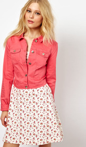 Coloured Denim Jacket - pattern: plain; length: cropped; style: denim; fit: slim fit; predominant colour: coral; occasions: casual; fibres: cotton - stretch; collar: shirt collar/peter pan/zip with opening; sleeve length: long sleeve; sleeve style: standard; texture group: denim; collar break: high/illusion of break when open; pattern type: fabric