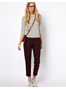 Nw3 Daphne Checked Trousers - pattern: plain, checked/gingham; style: peg leg; waist: mid/regular rise; predominant colour: burgundy; occasions: casual, evening, work; length: ankle length; fibres: wool - mix; hip detail: fitted at hip (bottoms); waist detail: narrow waistband; fit: tapered; pattern type: fabric; pattern size: standard; texture group: woven light midweight