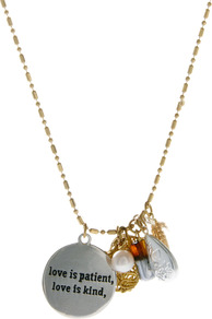 Love Is Patient Love Is Kind Pearl Charm Necklace - predominant colour: gold; occasions: casual, holiday; style: pendant; length: long; size: small/fine; material: chain/metal; finish: metallic; embellishment: chain/metal