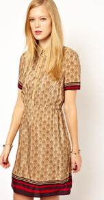 Nw3 Star Cloud Silk Dress - style: shirt; length: mid thigh; neckline: shirt collar/peter pan/zip with opening; fit: fitted at waist; waist detail: fitted waist; secondary colour: chocolate brown; predominant colour: nude; occasions: casual, work; fibres: silk - 100%; sleeve length: short sleeve; sleeve style: standard; texture group: silky - light; pattern type: fabric; pattern size: small & busy; pattern: patterned/print