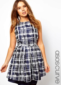 Curve Skater Dress In Sketchy Check - length: mid thigh; sleeve style: sleeveless; pattern: checked/gingham; waist detail: fitted waist; secondary colour: white; predominant colour: navy; occasions: evening, occasion; fit: fitted at waist & bust; style: fit & flare; fibres: polyester/polyamide - stretch; neckline: crew; hip detail: soft pleats at hip/draping at hip/flared at hip; sleeve length: sleeveless; pattern type: fabric; pattern size: standard; texture group: other - light to midweight