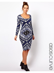 Curve Bodycon Dress In Scarf Print - length: below the knee; fit: tight; style: bodycon; occasions: casual, evening, holiday; neckline: scoop; fibres: viscose/rayon - stretch; predominant colour: multicoloured; sleeve length: long sleeve; sleeve style: standard; texture group: jersey - clingy; trends: modern geometrics; pattern type: fabric; pattern size: big & busy; pattern: patterned/print