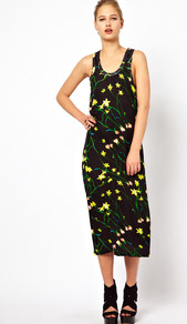 Sleeveless Dress - length: calf length; neckline: round neck; sleeve style: sleeveless; style: vest; secondary colour: yellow; predominant colour: black; occasions: casual, evening; fit: body skimming; fibres: viscose/rayon - 100%; back detail: sheer fabric at back; sleeve length: sleeveless; pattern type: fabric; pattern size: small & busy; pattern: patterned/print; texture group: other - light to midweight