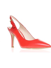 Foe - predominant colour: bright orange; occasions: evening, work, occasion; material: leather; heel height: high; embellishment: buckles; ankle detail: ankle strap; heel: stiletto; toe: pointed toe; style: slingbacks; finish: plain; pattern: plain