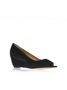 Mymoon - predominant colour: black; occasions: evening, work, occasion; material: leather; heel height: mid; heel: wedge; toe: open toe/peeptoe; style: courts; finish: plain; pattern: plain