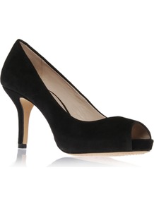 Kira - predominant colour: black; occasions: evening, work, occasion; material: suede; heel height: high; heel: platform; toe: open toe/peeptoe; style: courts; finish: plain; pattern: plain