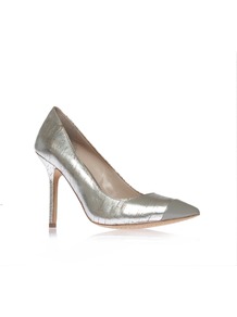 Harty2 - predominant colour: silver; occasions: evening, occasion; material: faux leather; heel height: high; heel: stiletto; toe: pointed toe; style: courts; trends: metallics; finish: metallic; pattern: patterned/print; embellishment: toe cap